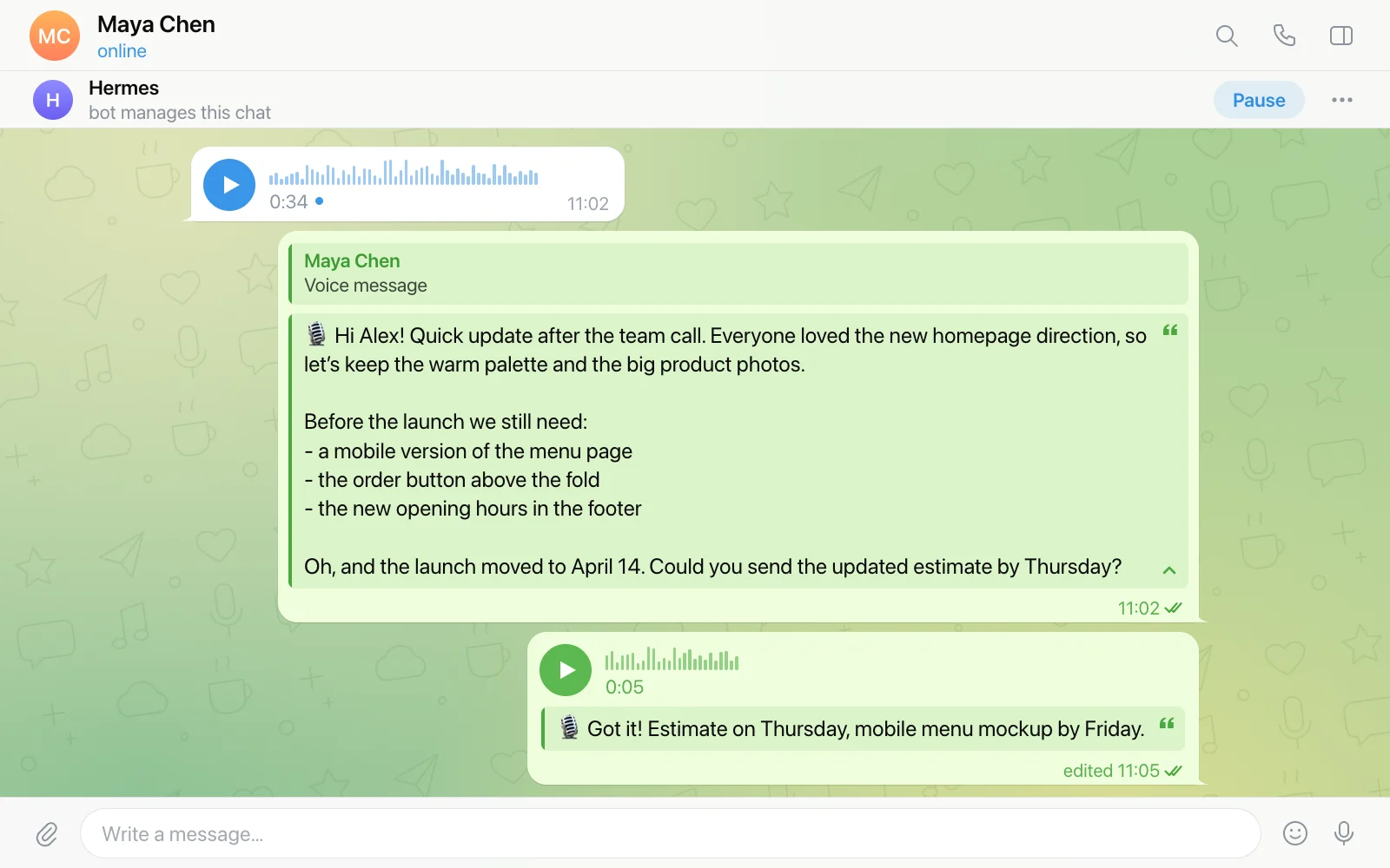 Illustrated Telegram chat showing an incoming voice note with a readable transcript reply and an outgoing voice note with its transcript added to its caption.
