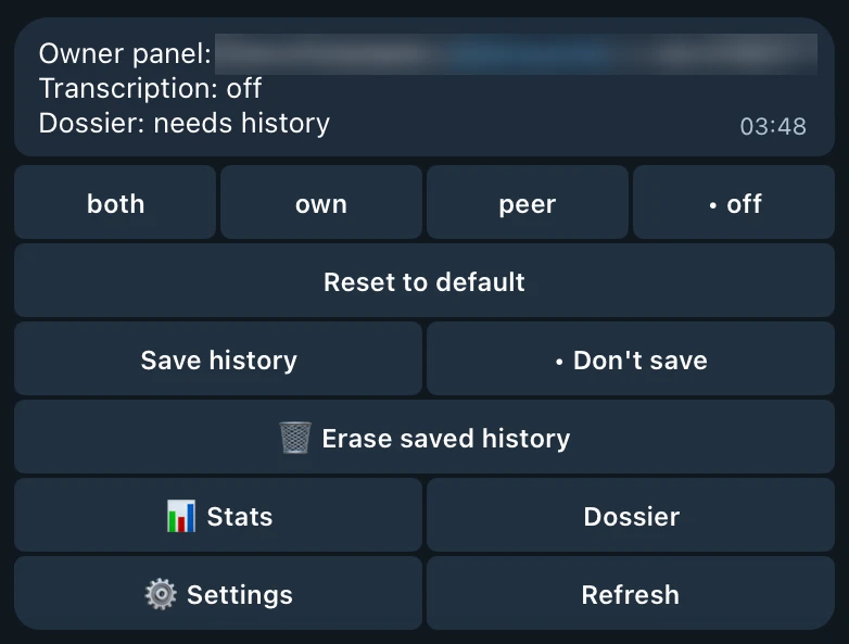 Telegram screenshot of the same panel with Don't save on: Dossier: needs history, and a new 🗑 Erase saved history button under Save history and Don't save. The contact's name is blurred.
