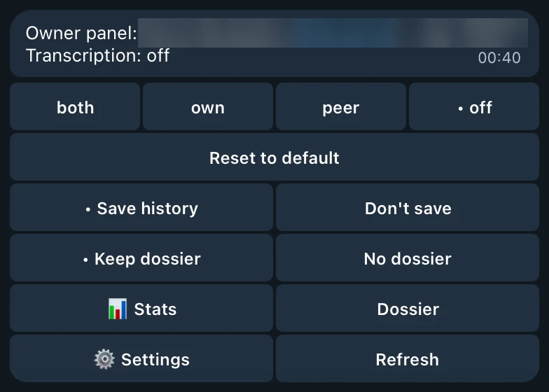 Telegram screenshot of the owner panel: Transcription: off, with both, own, peer, and off buttons, Reset to default, Save history or Don't save and Keep dossier or No dossier, both on, then Stats, Dossier, Settings, and Refresh. The contact's name is blurred.