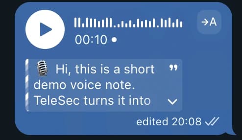 Telegram screenshot: the owner's 10-second voice message with its transcript added to the caption as an expandable quote, marked edited.